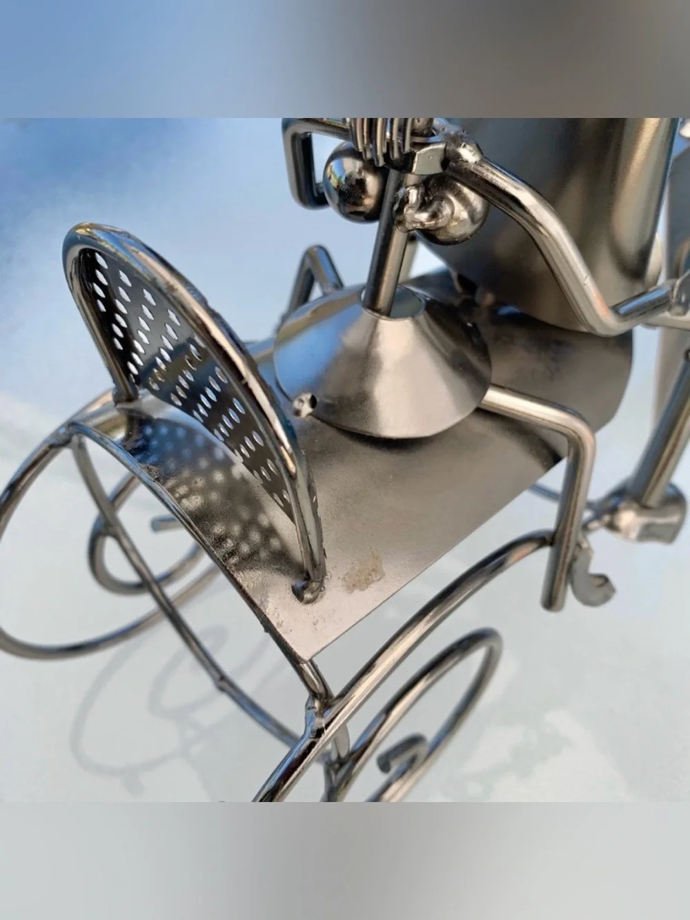 Metallic Steampunk Couple On A Motorcycle Single Wine Bottle Holder Sculpture